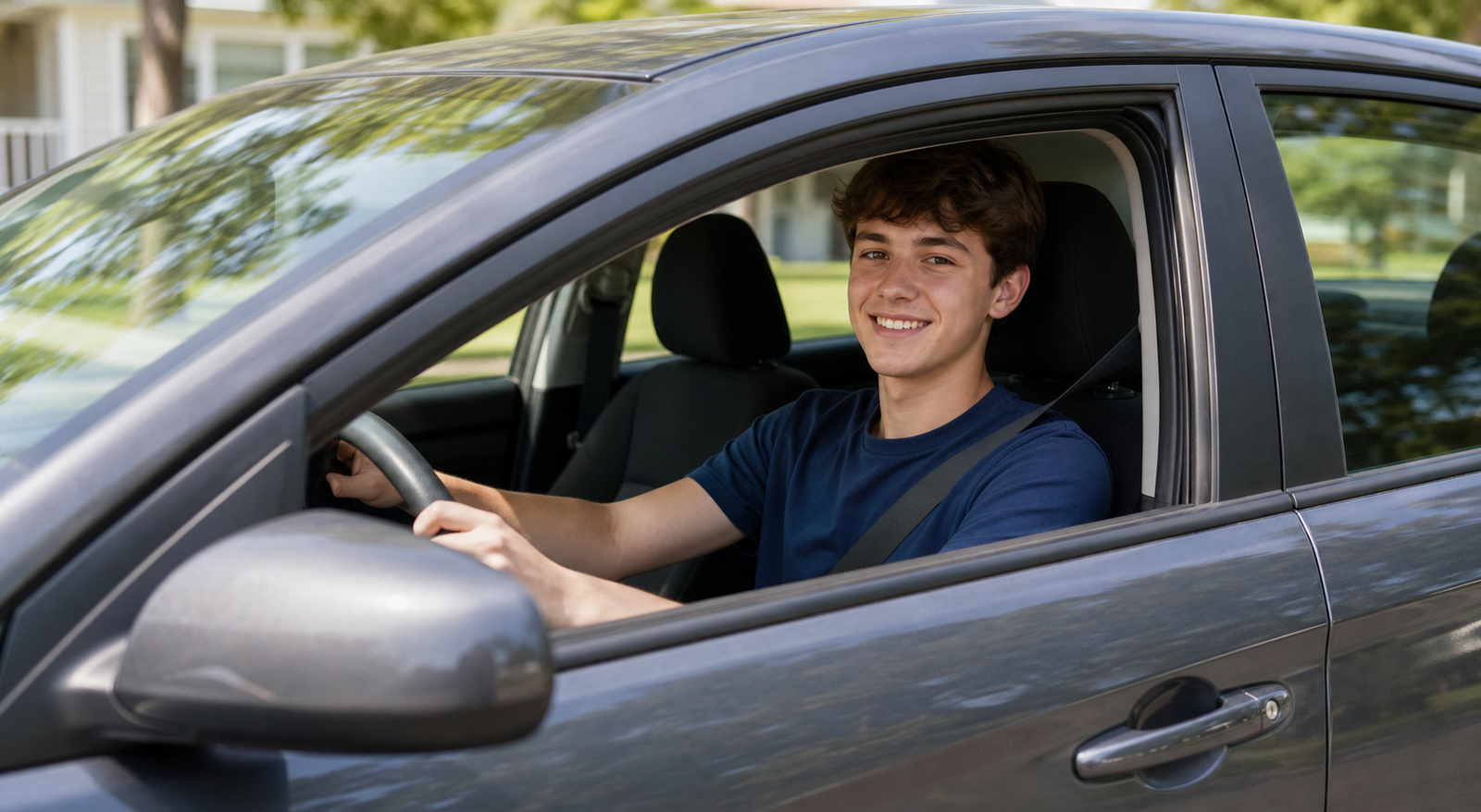 New driver practicing behind the wheel in a regular car